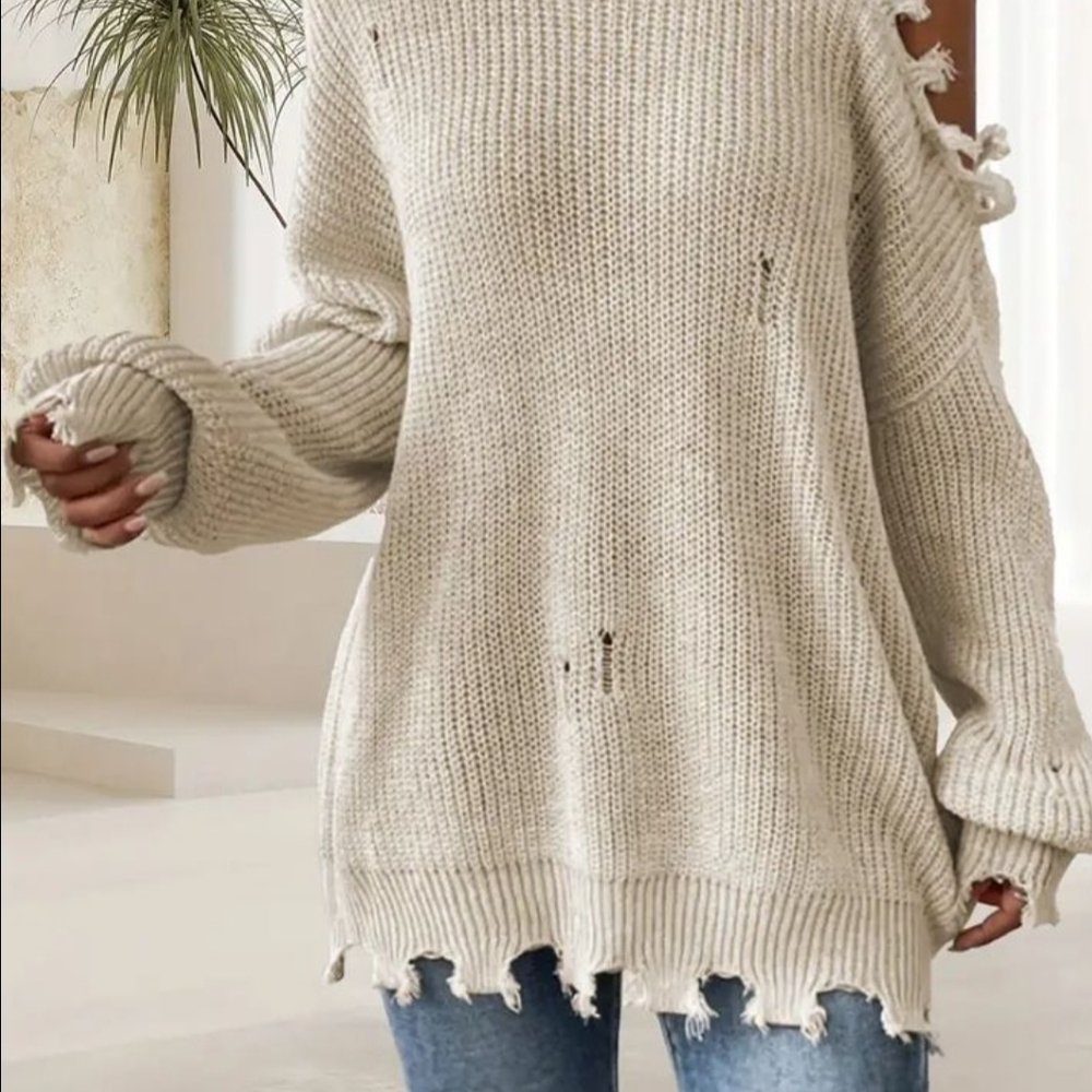 Saks Fifth Avenue Beige Distressed Knit Sweater